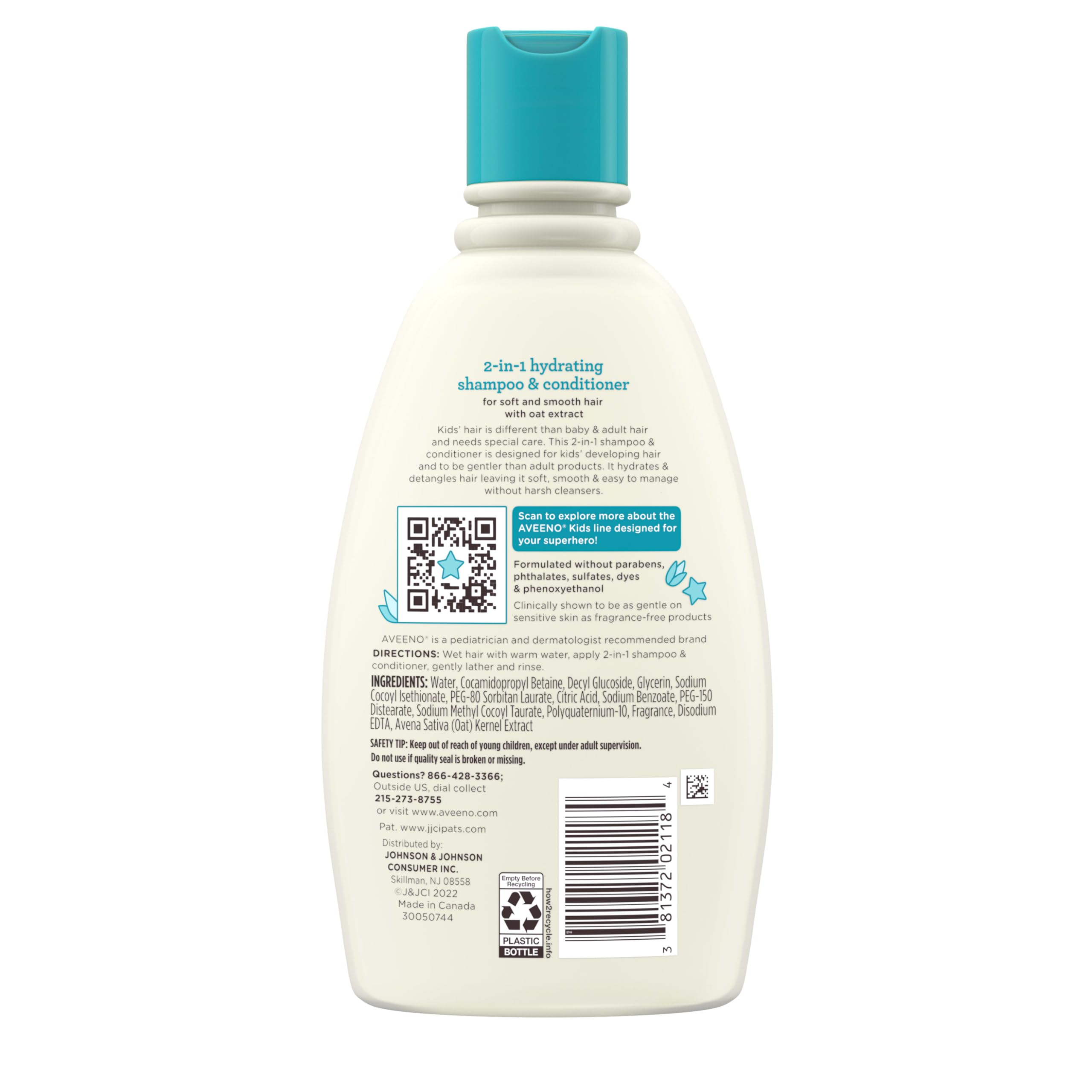 Aveeno Kids 2-in-1 label shows hypoallergenic, fragrance-free formula