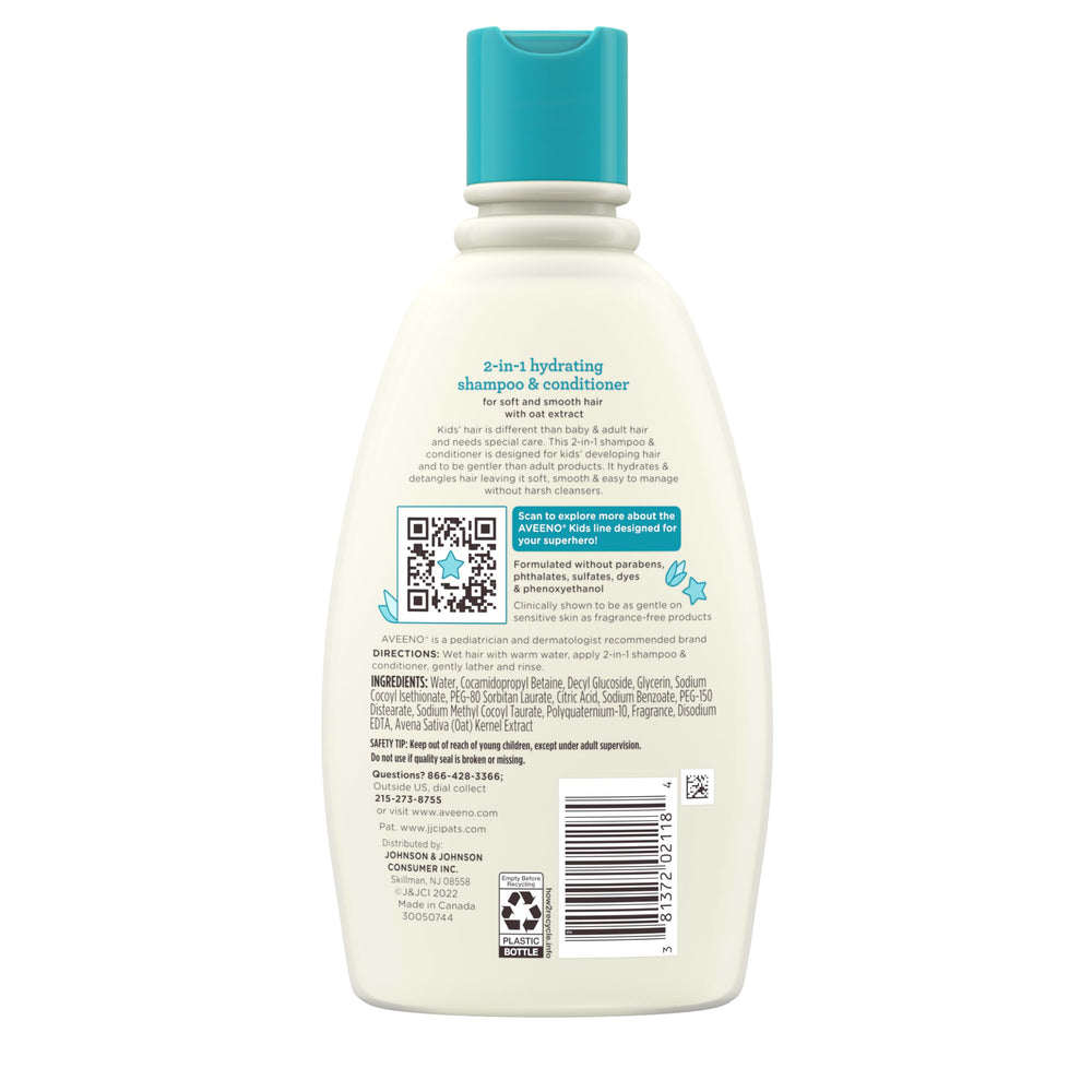 Aveeno Kids 2-in-1 label shows hypoallergenic, fragrance-free formula