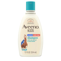 Champú Aveeno Kids Curly & Coily Hair Shampoo en botella, hidratación suave para rizos.