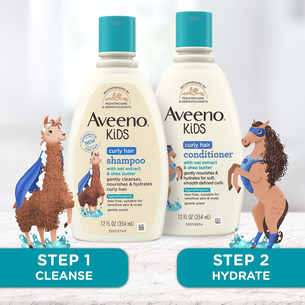 Aveeno Kids Curly Hair Conditioner applied to wet hair for defining curls.