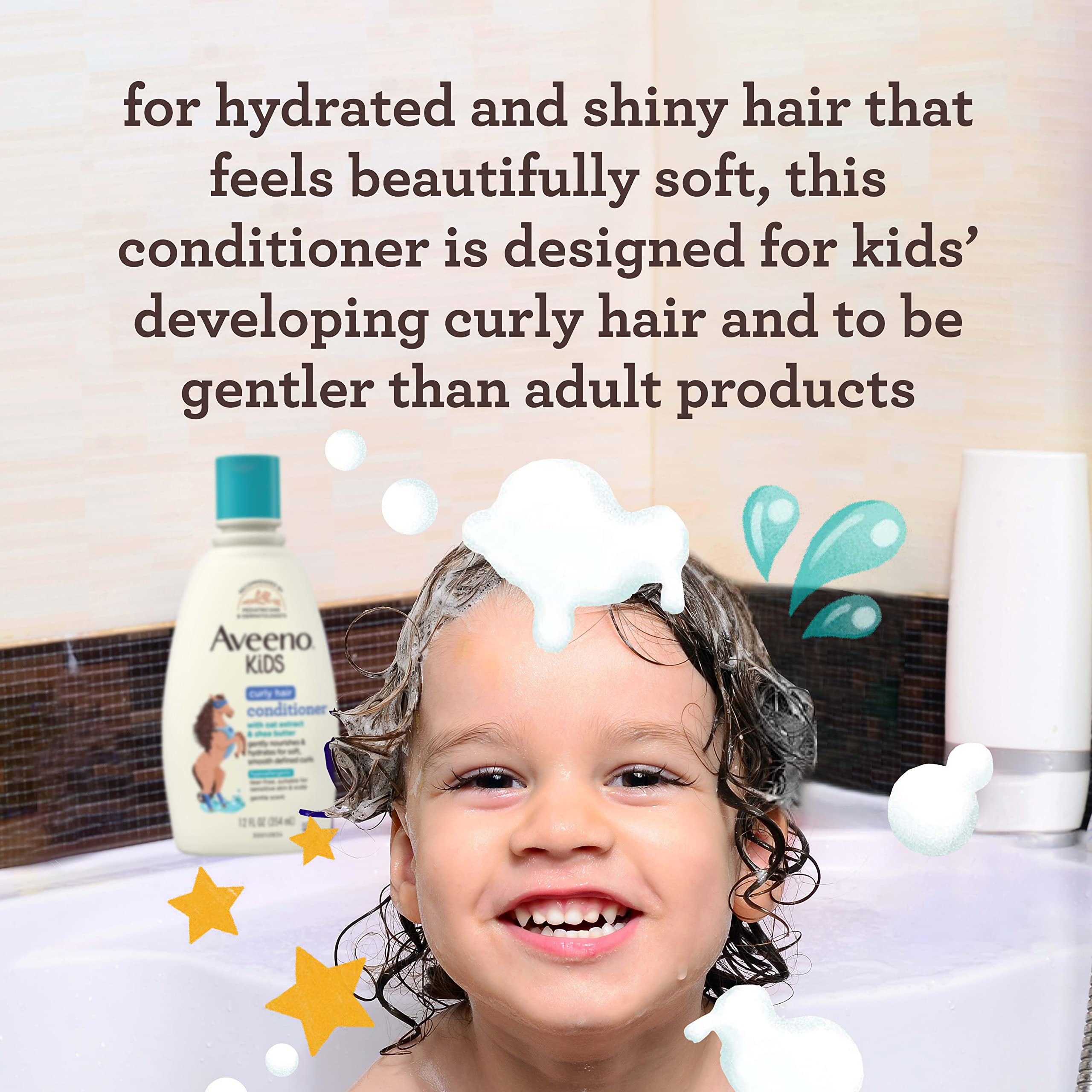 Close-up of Aveeno Kids Curly Hair Conditioner label showing gentle formula for sensitive skin.