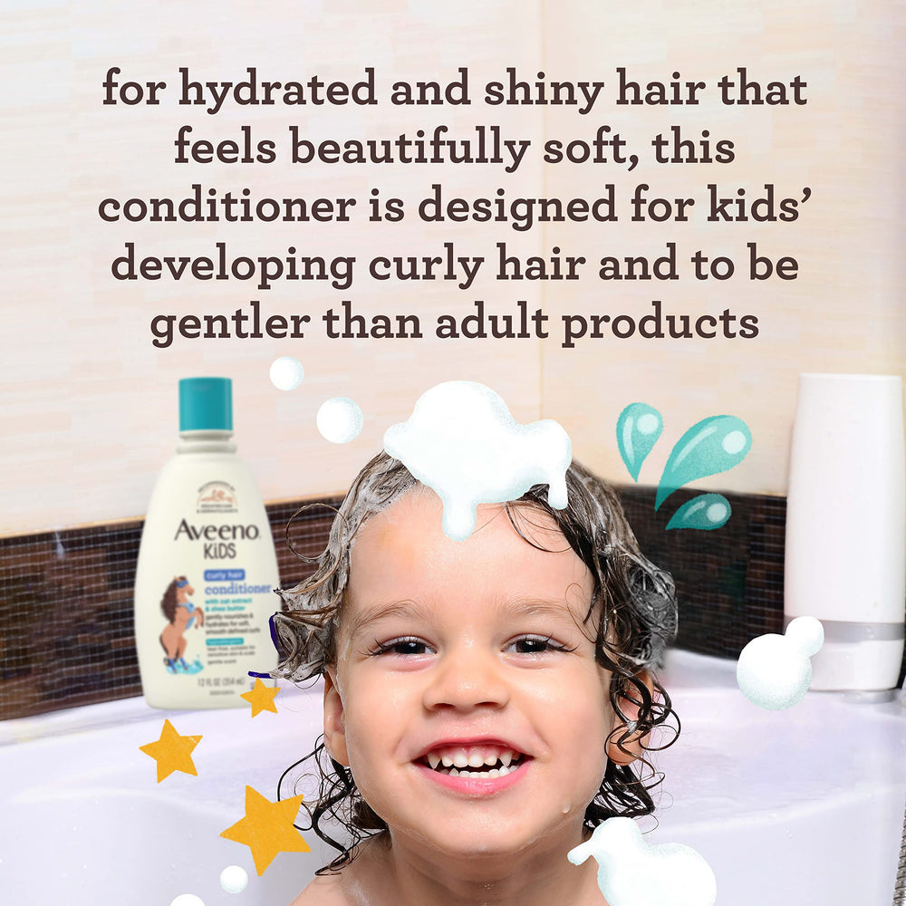 Close-up of Aveeno Kids Curly Hair Conditioner label showing gentle formula for sensitive skin.