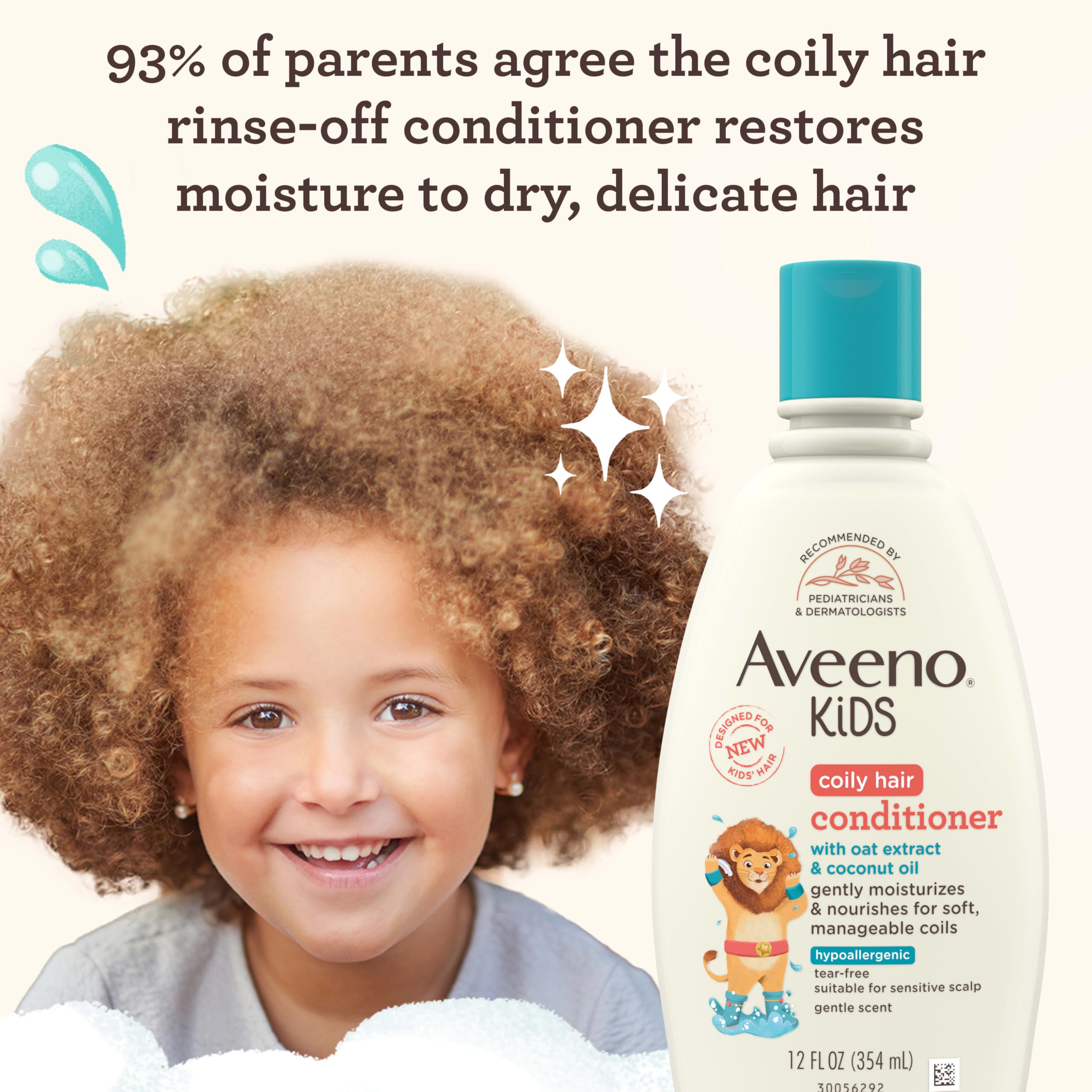 Textura cremosa del acondicionador Aveeno Kids para rizos definidos y manejables.
