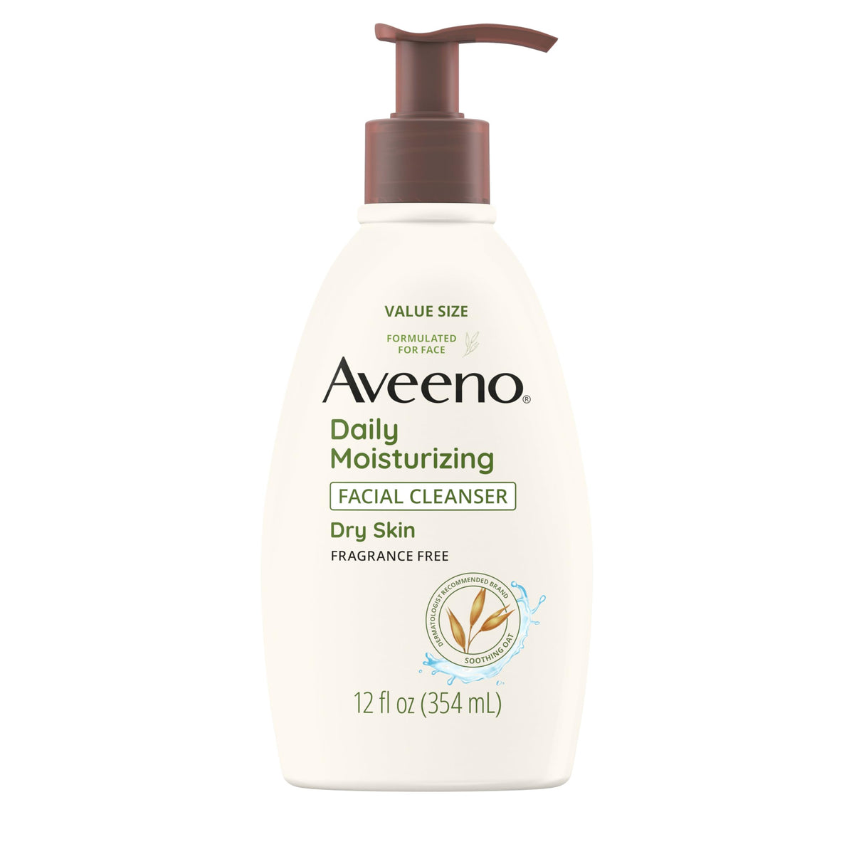 Aveeno limpiador facial diario en botella, fórmula hidratante para piel suave.