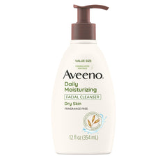 Aveeno limpiador facial diario en botella, fórmula hidratante para piel suave.