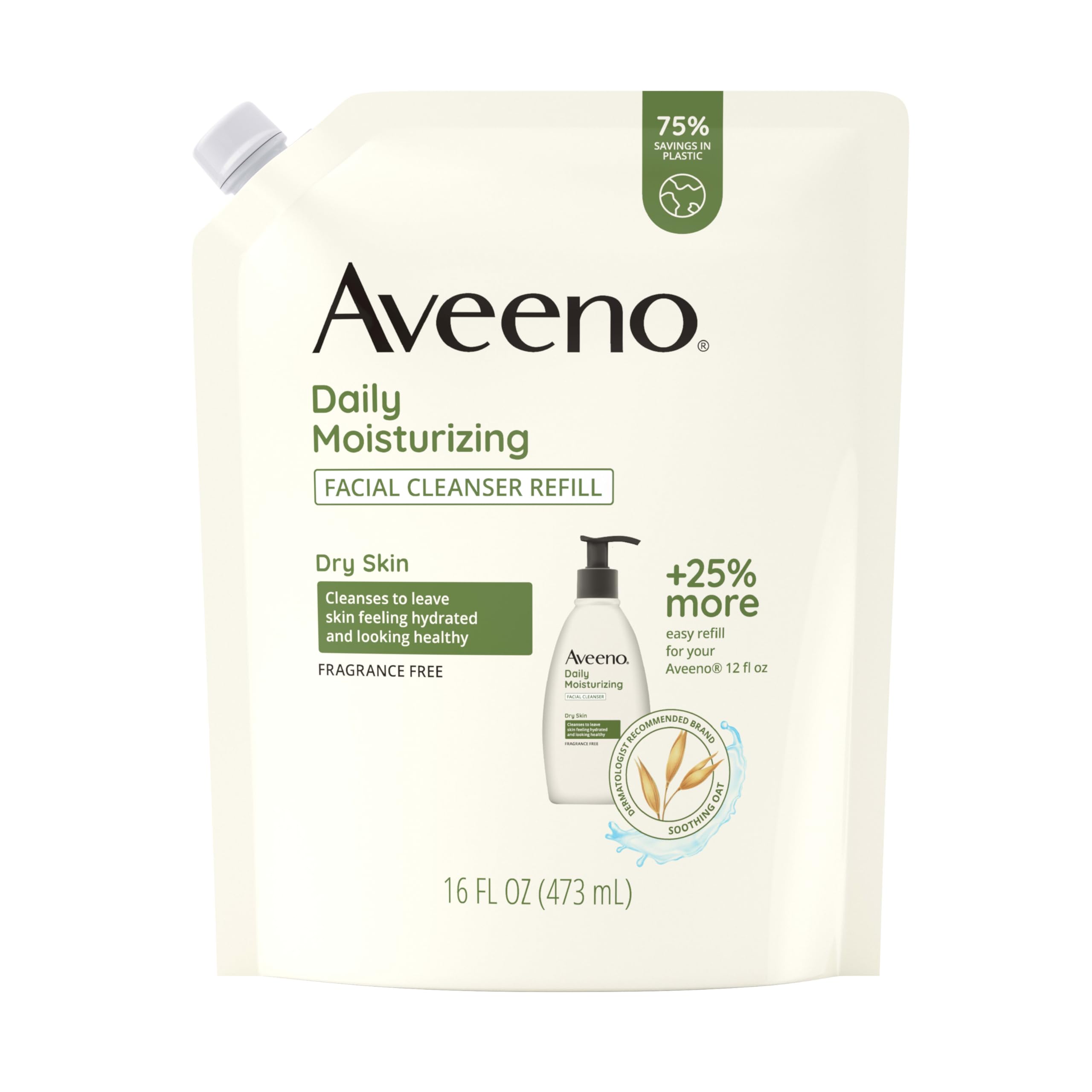Aveeno limpiador facial en bolsa de recarga, limpieza suave e hidratante.