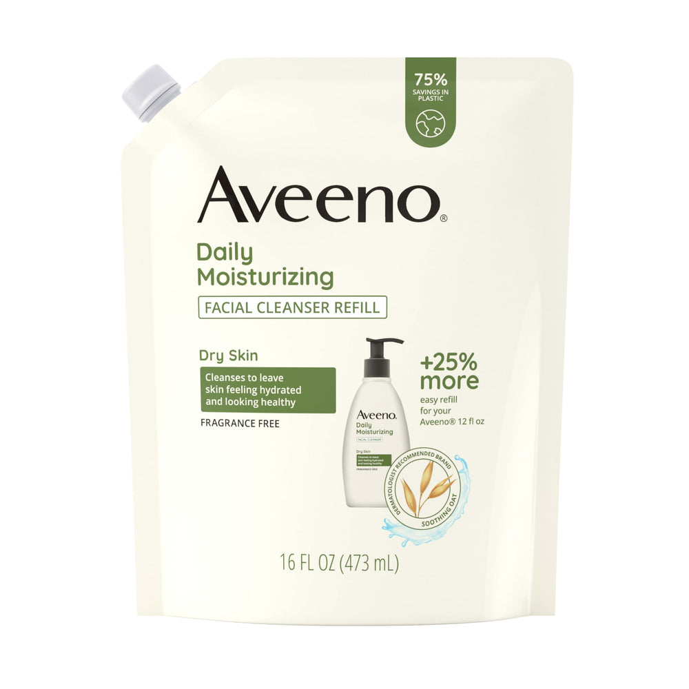 Aveeno limpiador facial en bolsa de recarga, limpieza suave e hidratante.
