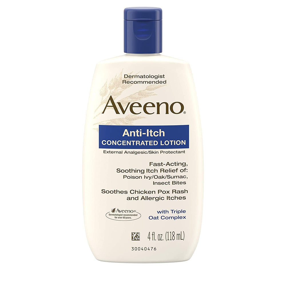 Aveeno loción anti-picor, frontal de la botella, ofrece cuidado calmante para uso diario.