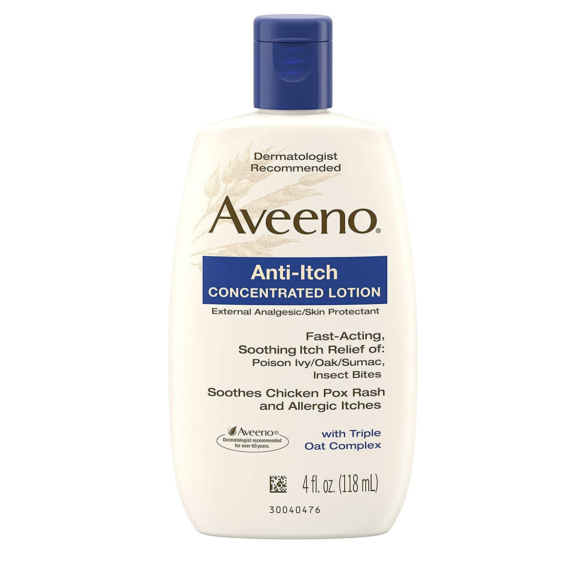 Aveeno loción anti-picor, frontal de la botella, ofrece cuidado calmante para uso diario.