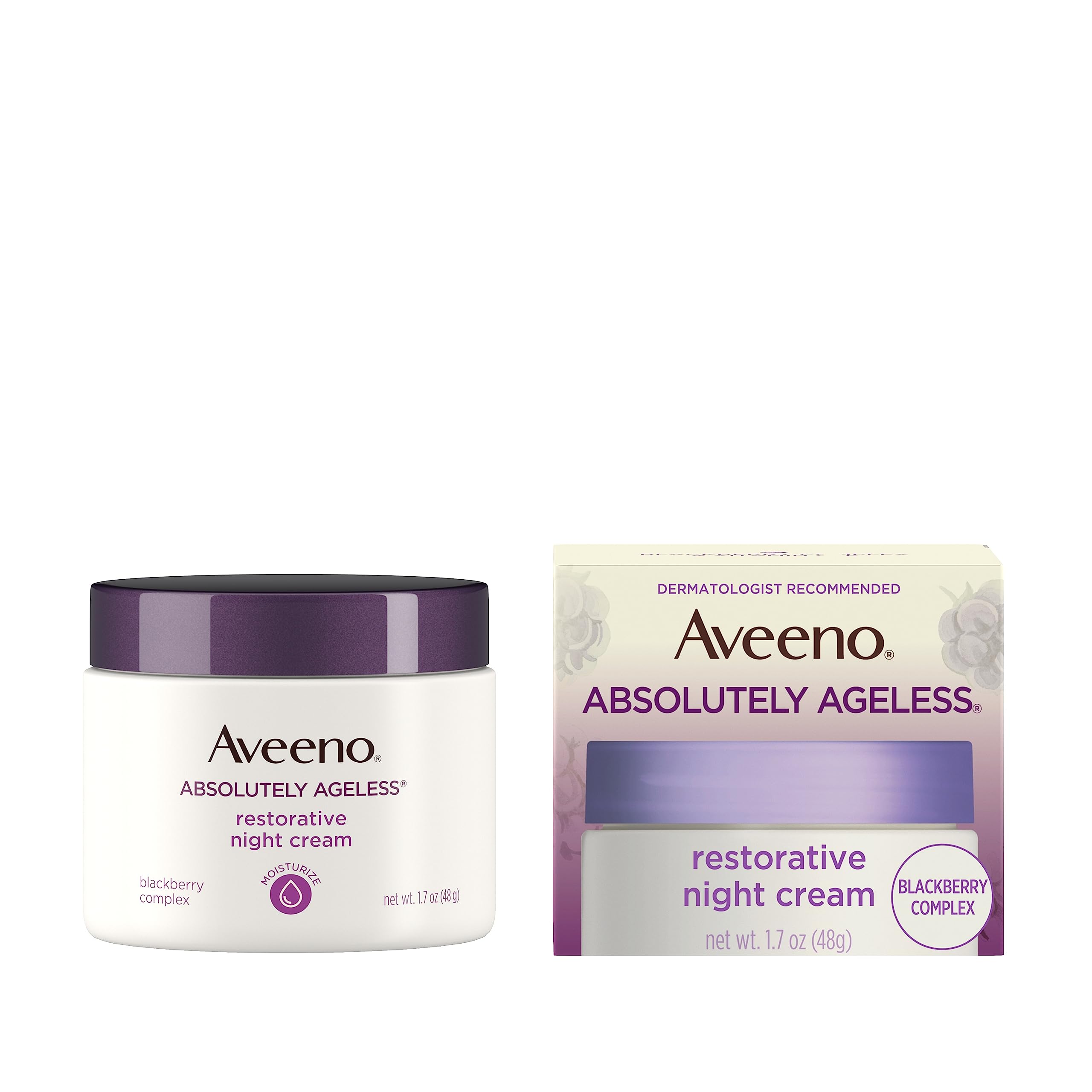 Aveeno night cream with Blackberry Complex for antioxidant protection and smoother skin.