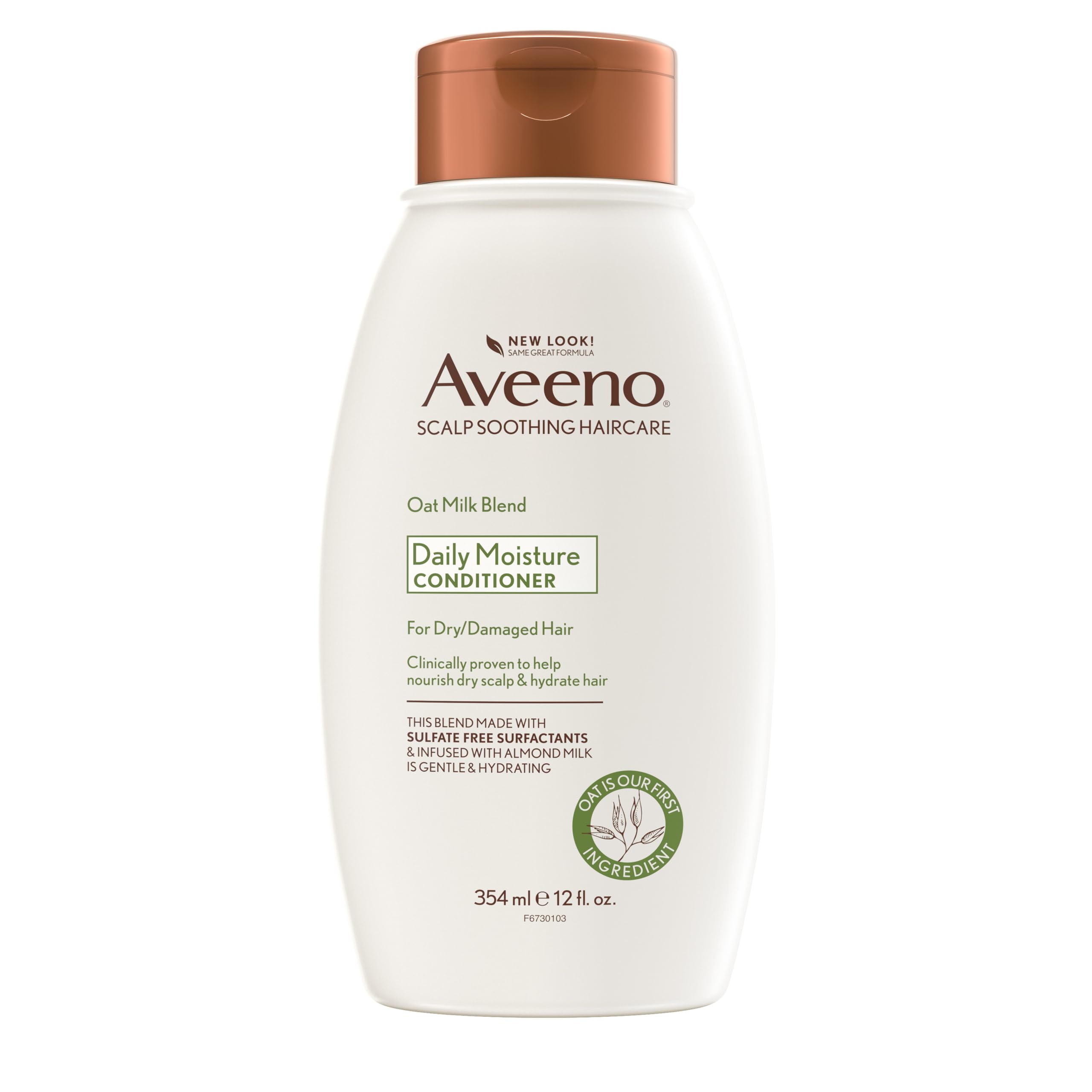 Aveeno Oat Milk Blend Conditioner bottle shows hydrating formula for dry hair.