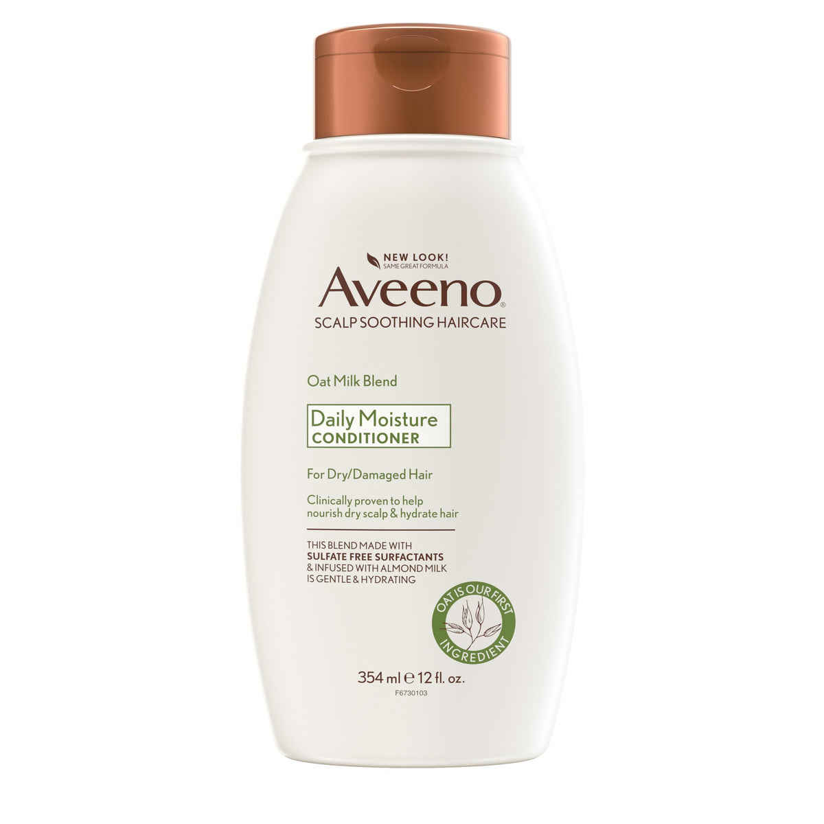 Aveeno Oat Milk Blend Conditioner bottle shows hydrating formula for dry hair.
