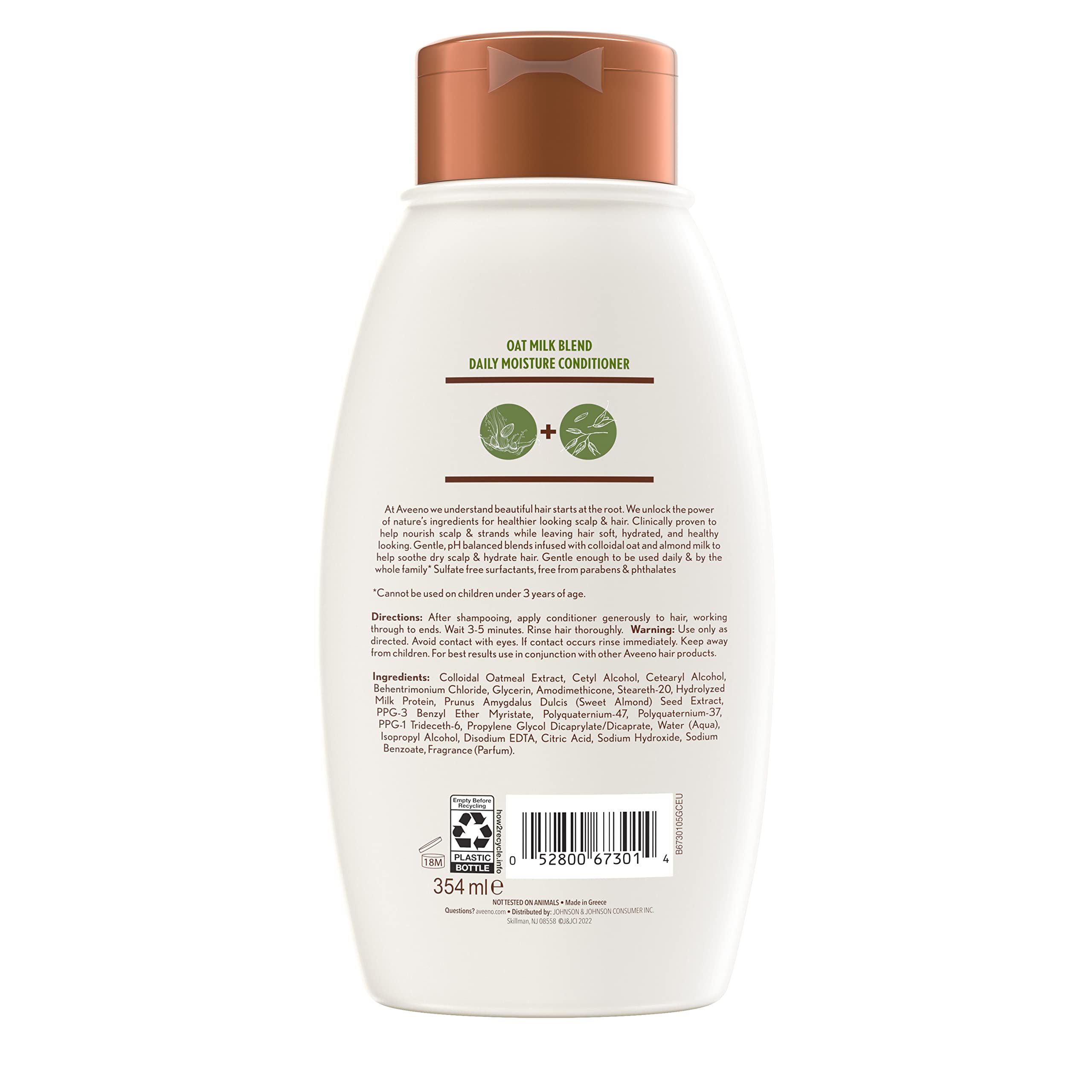 Aveeno Oat Milk Blend Conditioner free-from sulfates and dyes claim for gentle care.