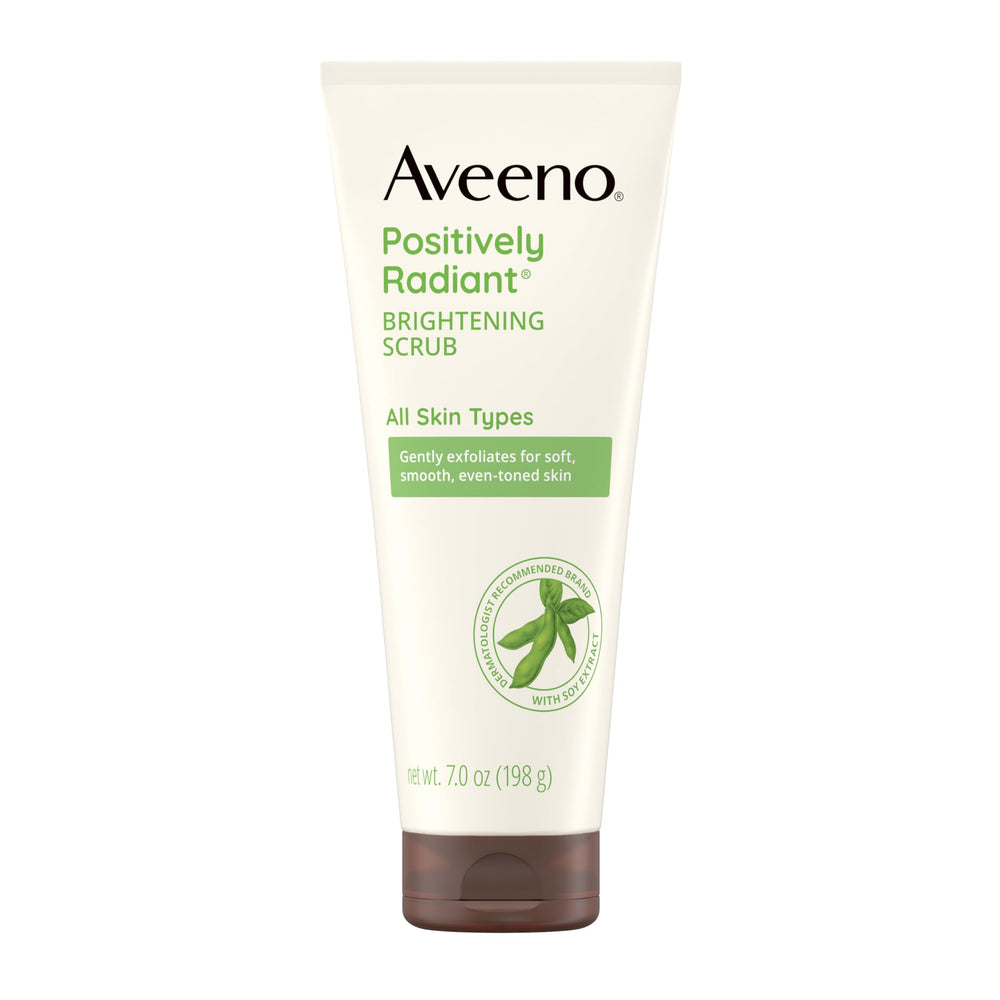 Aveeno Positively Radiant face scrub bottle demonstrating daily brightening potential