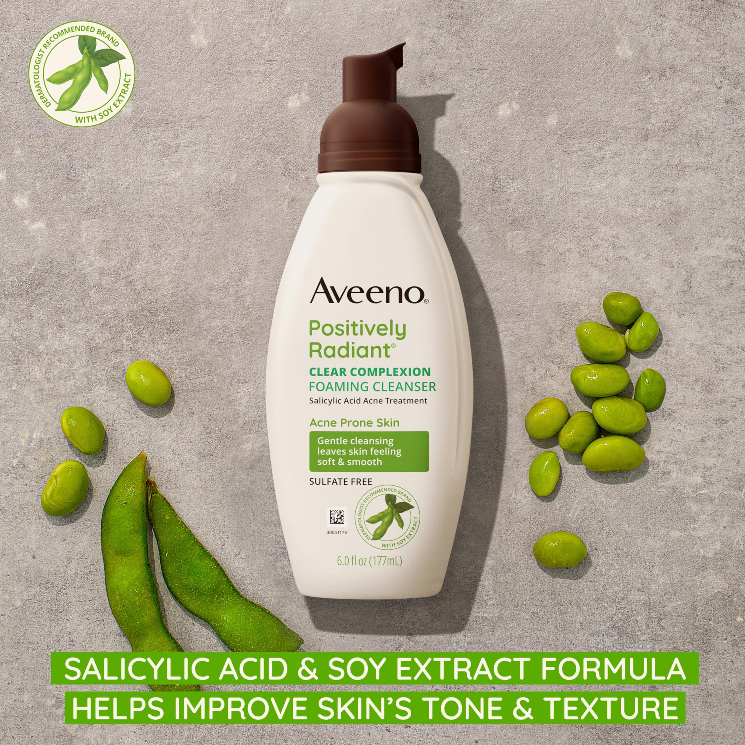 Aveeno Positively Radiant soy extract bottle highlighting tone and texture improvement.