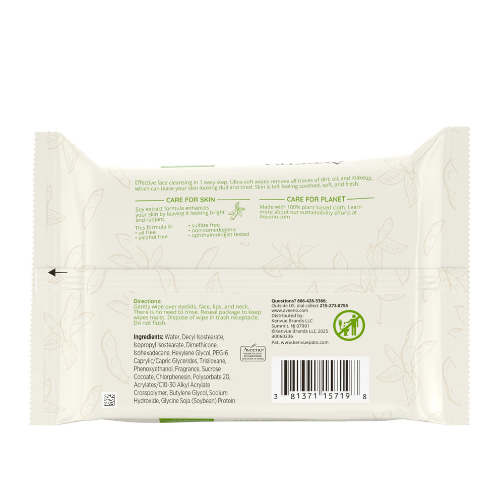 Aveeno wipes with soy-derived moisture for radiant-looking skin.