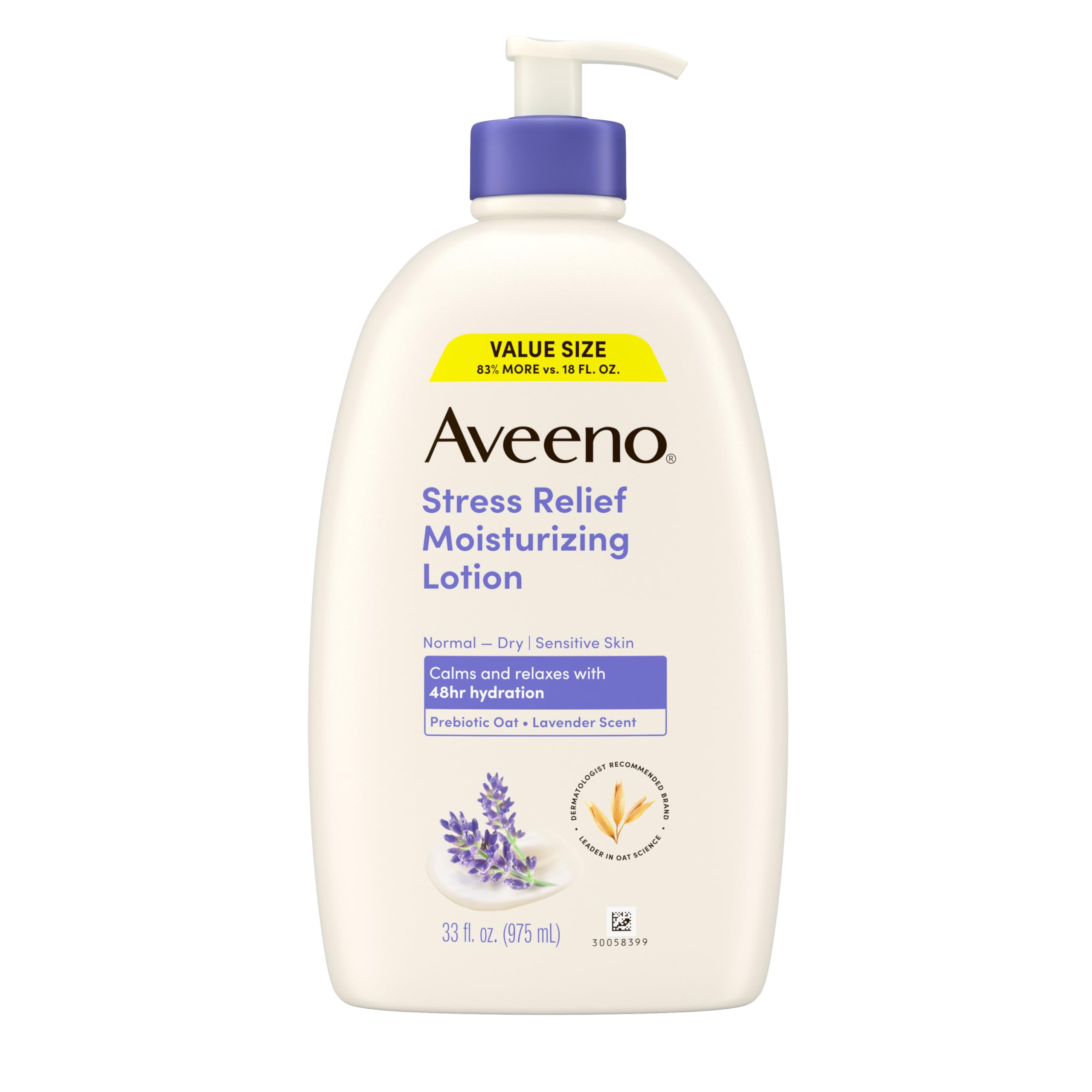 Aveeno Loción corporal relajante en envase, calma e hidrata todo el día.