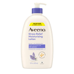 Aveeno Loción corporal relajante en envase, calma e hidrata todo el día.