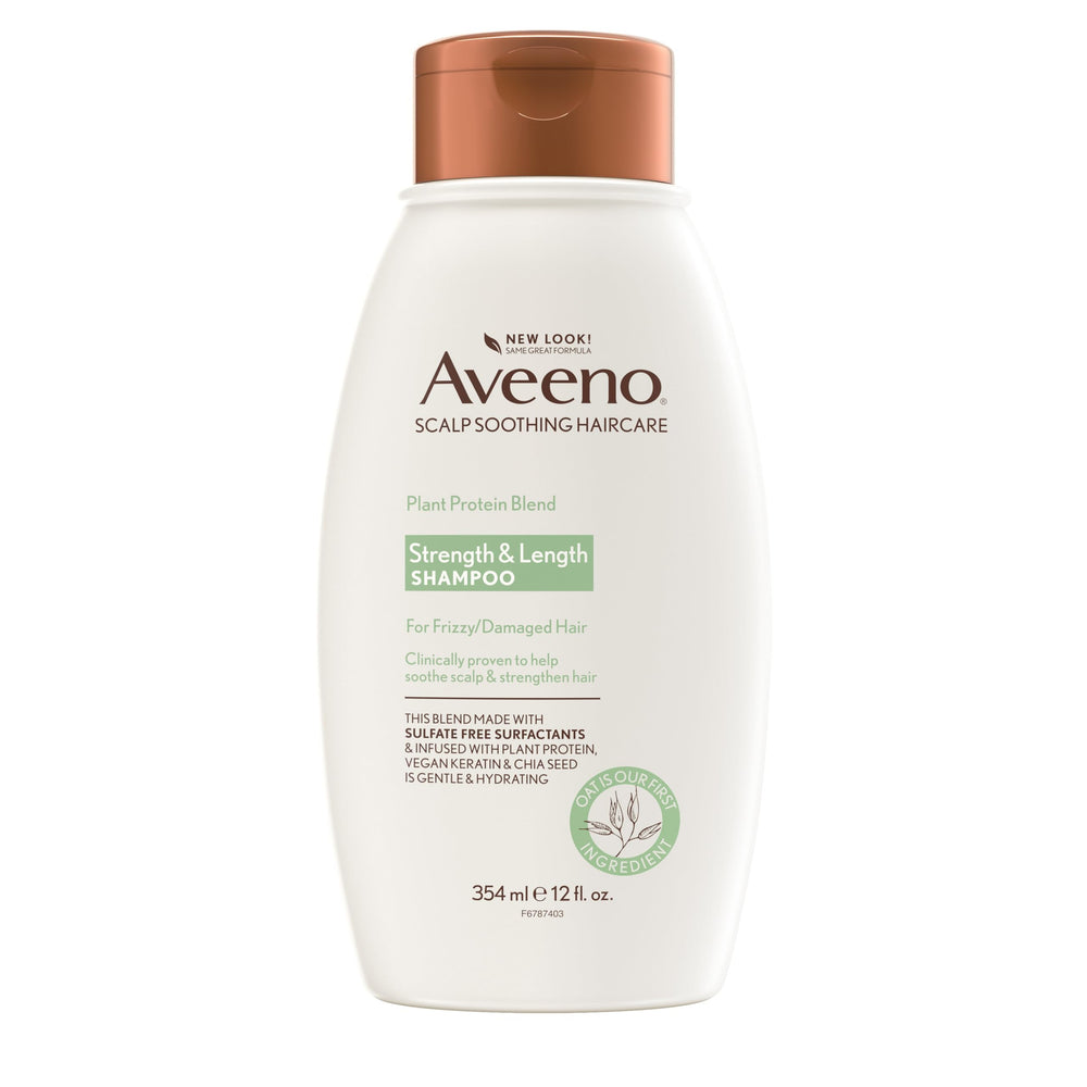 Aveeno Plant Protein Blend Shampoo, botella, cabello suave y manejable