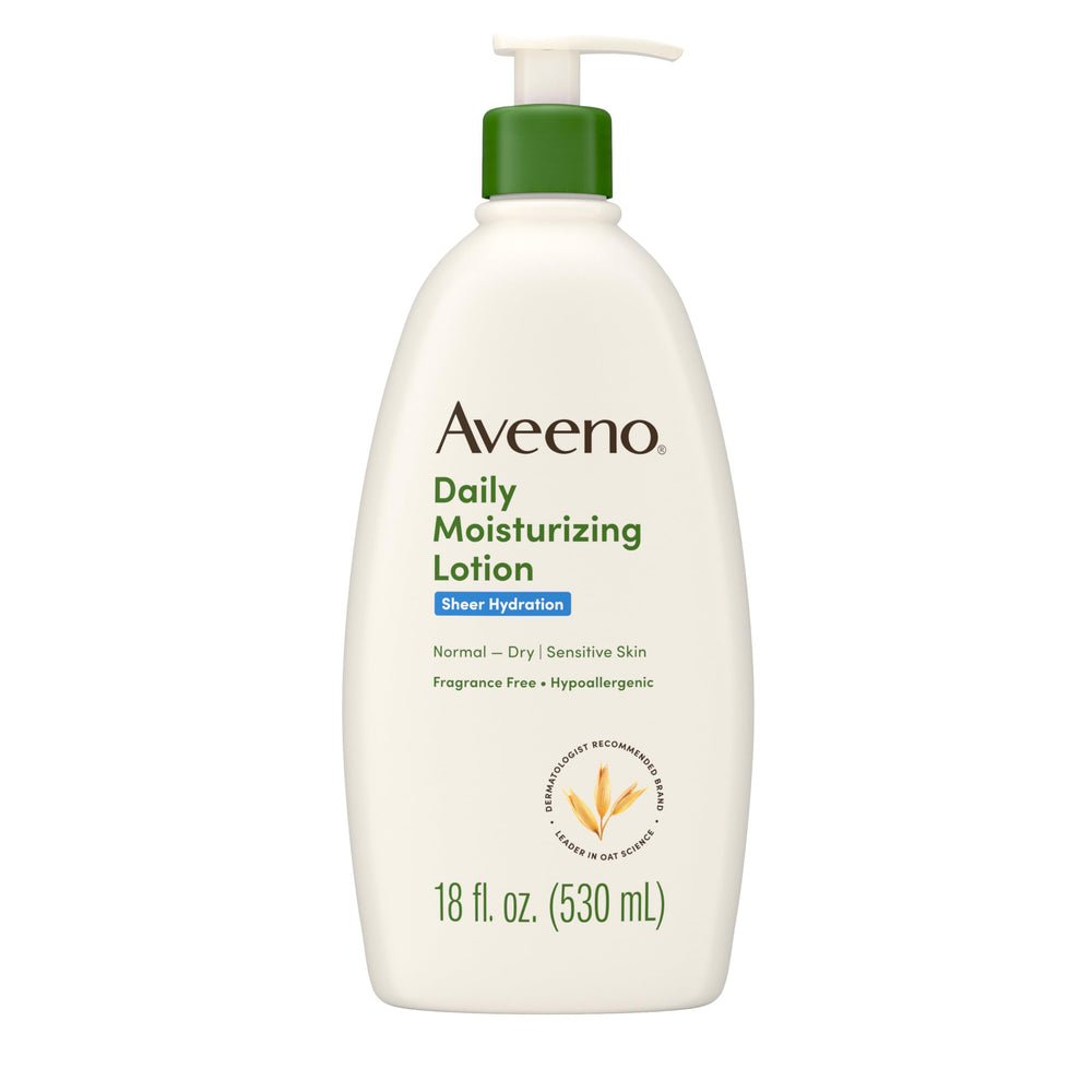Aveeno Sheer Hydration bottle shows quick absorption for dry skin.