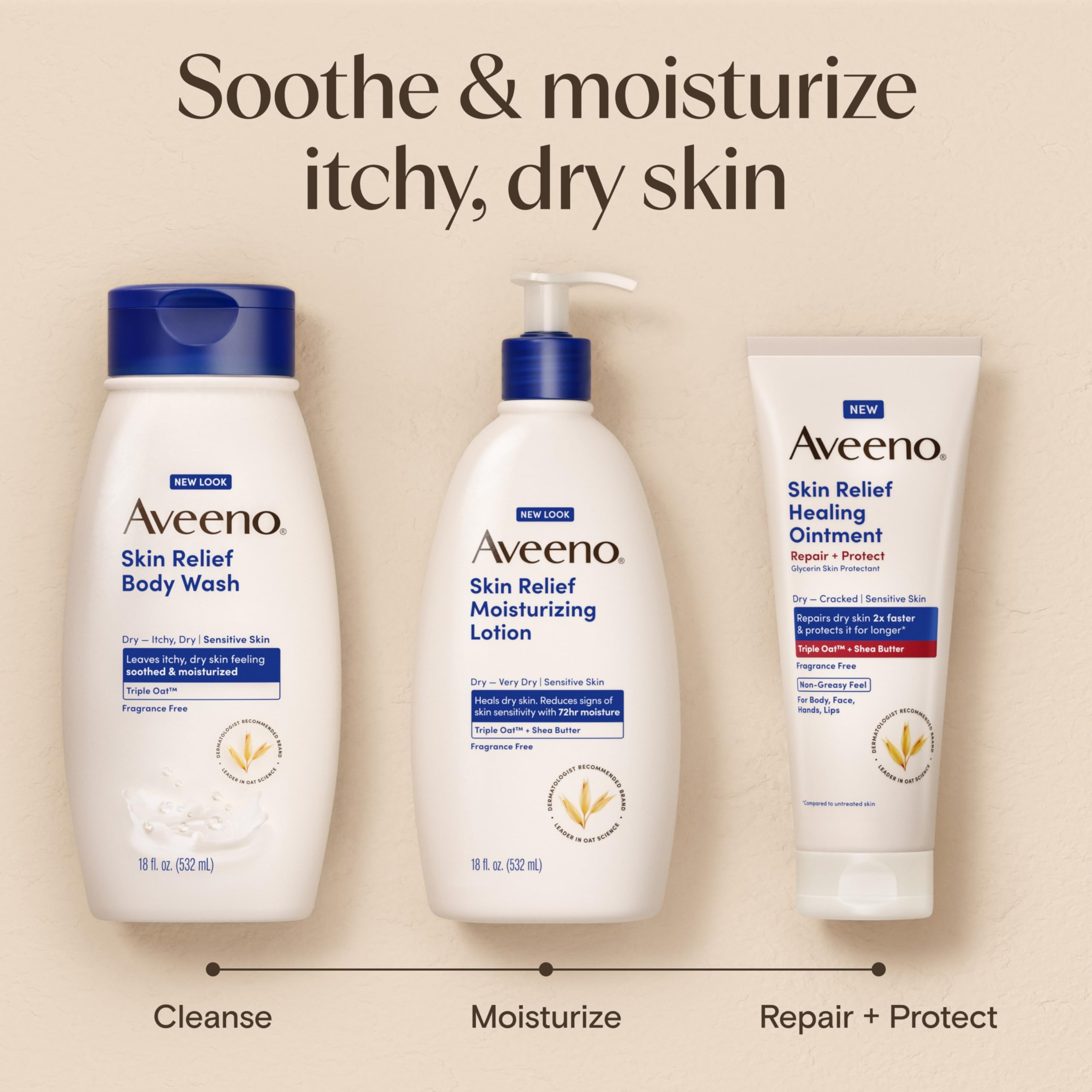 Allergy-tested, fragrance-free Aveeno packaging for sensitive skin