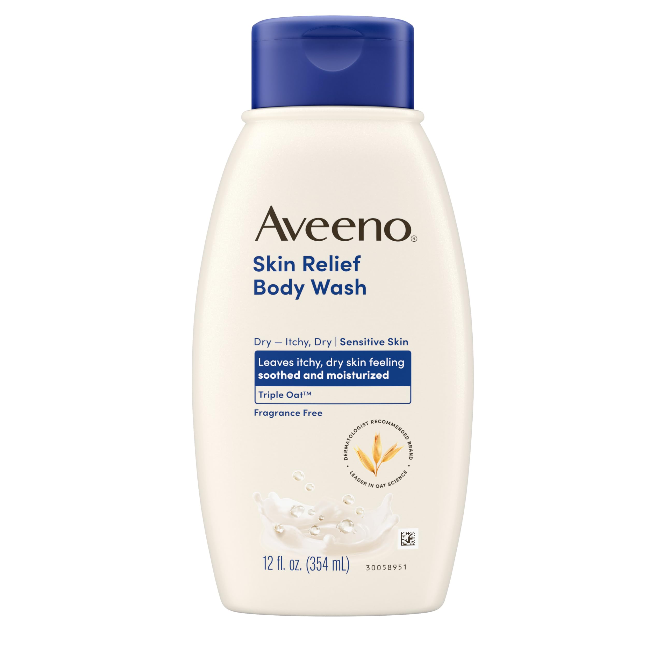 Aveeno Skin Relief Fragrance-Free Body Wash bottle being poured for gentle cleansing of sensitive skin.