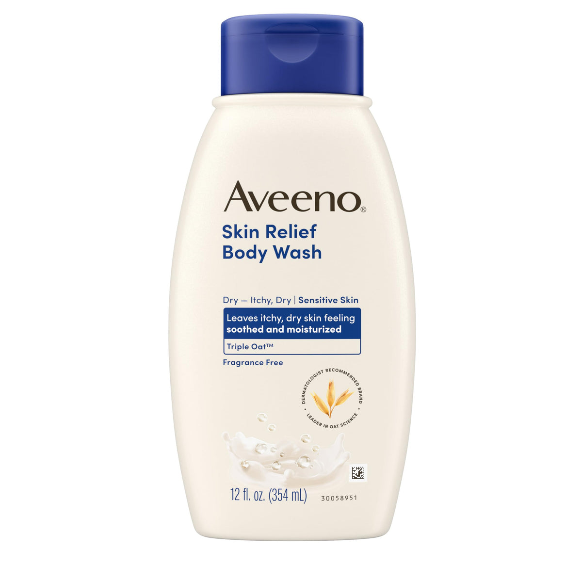 Aveeno Skin Relief Fragrance-Free Body Wash bottle being poured for gentle cleansing of sensitive skin.