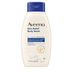 Aveeno Skin Relief Fragrance-Free Body Wash bottle being poured for gentle cleansing of sensitive skin.
