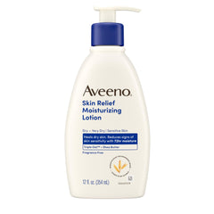 Aveeno Skin Relief, bote de 12 oz, alivia piel muy seca con absorción rápida.