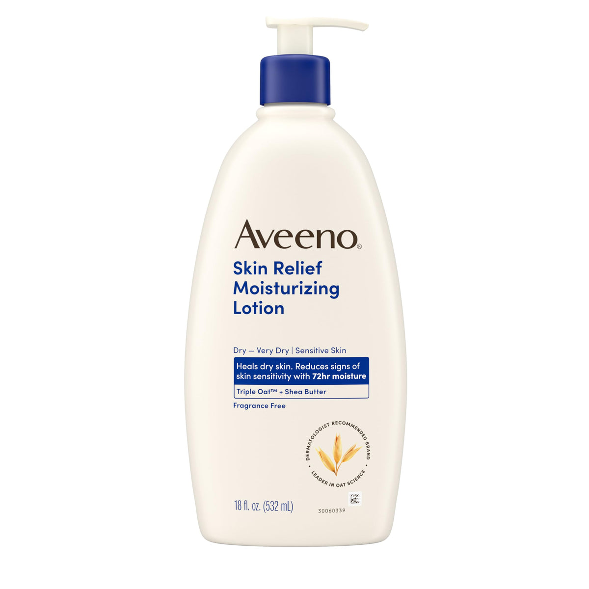 Aveeno Skin Relief lotion bottle showing fragrance-free formula for sensitive skin.
