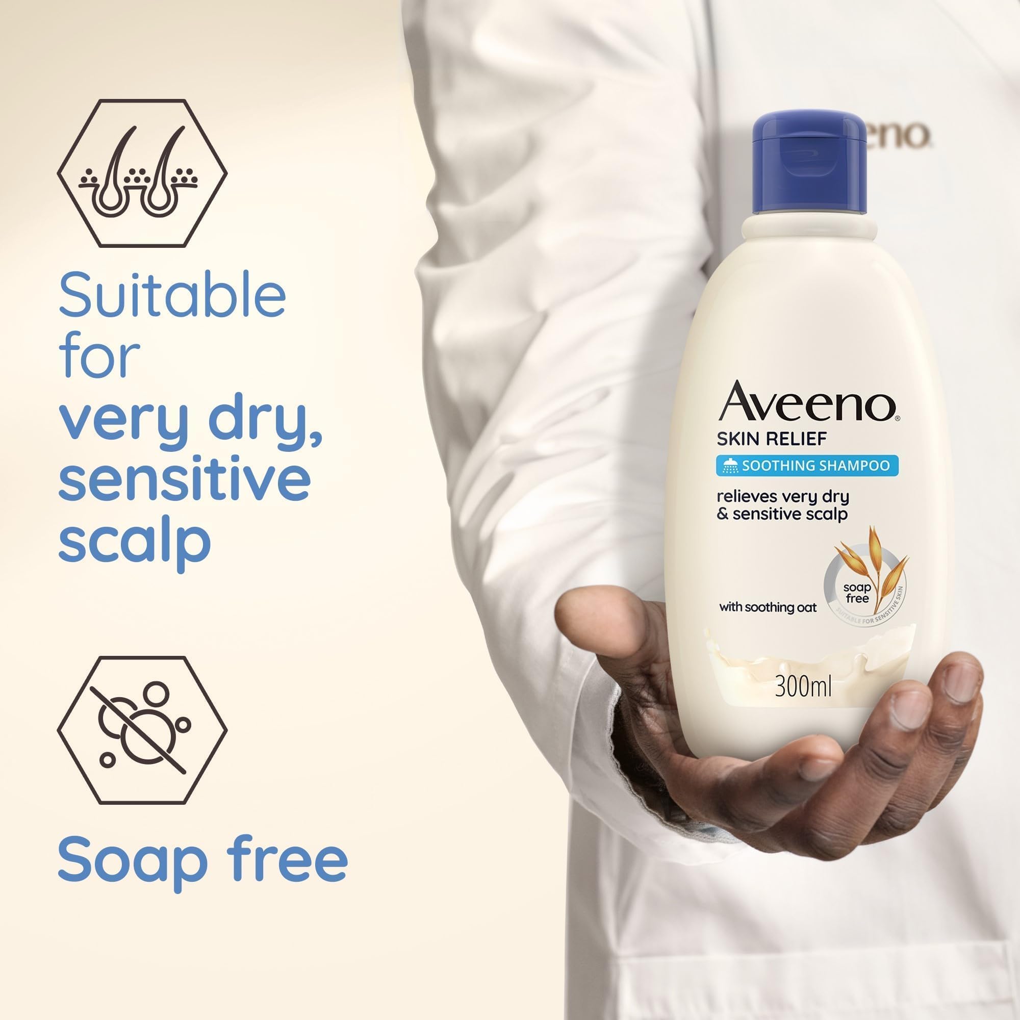 Aveeno Skin Relief Shampoo ingredients label emphasizing fragrance-free, soap-free formula
