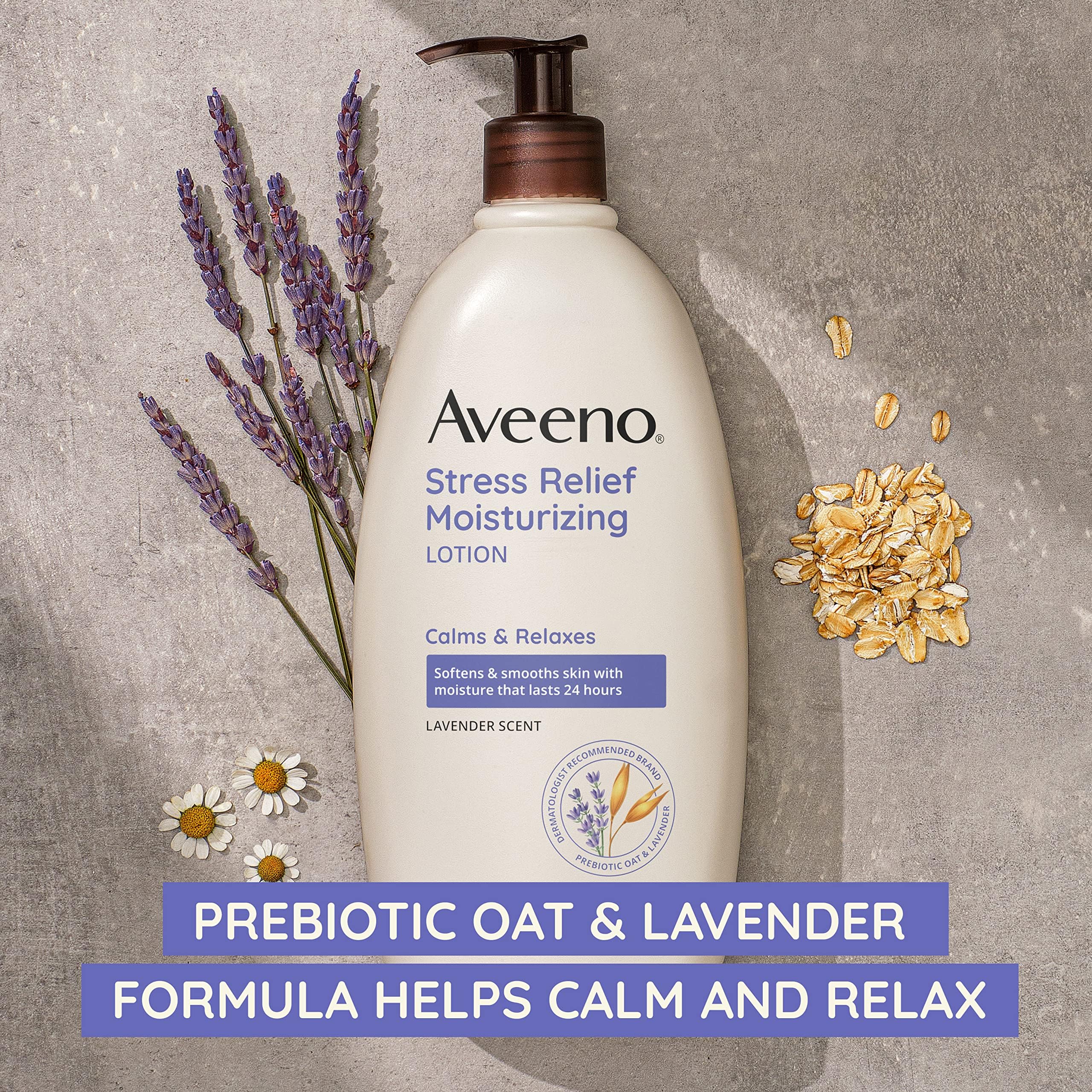 Front view of three-pack Aveeno Stress Relief packaging.