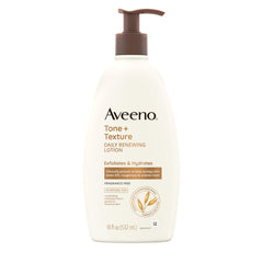 Aveeno Tono y Texture crema para cuerpo en botella, hidrata y suaviza la piel.