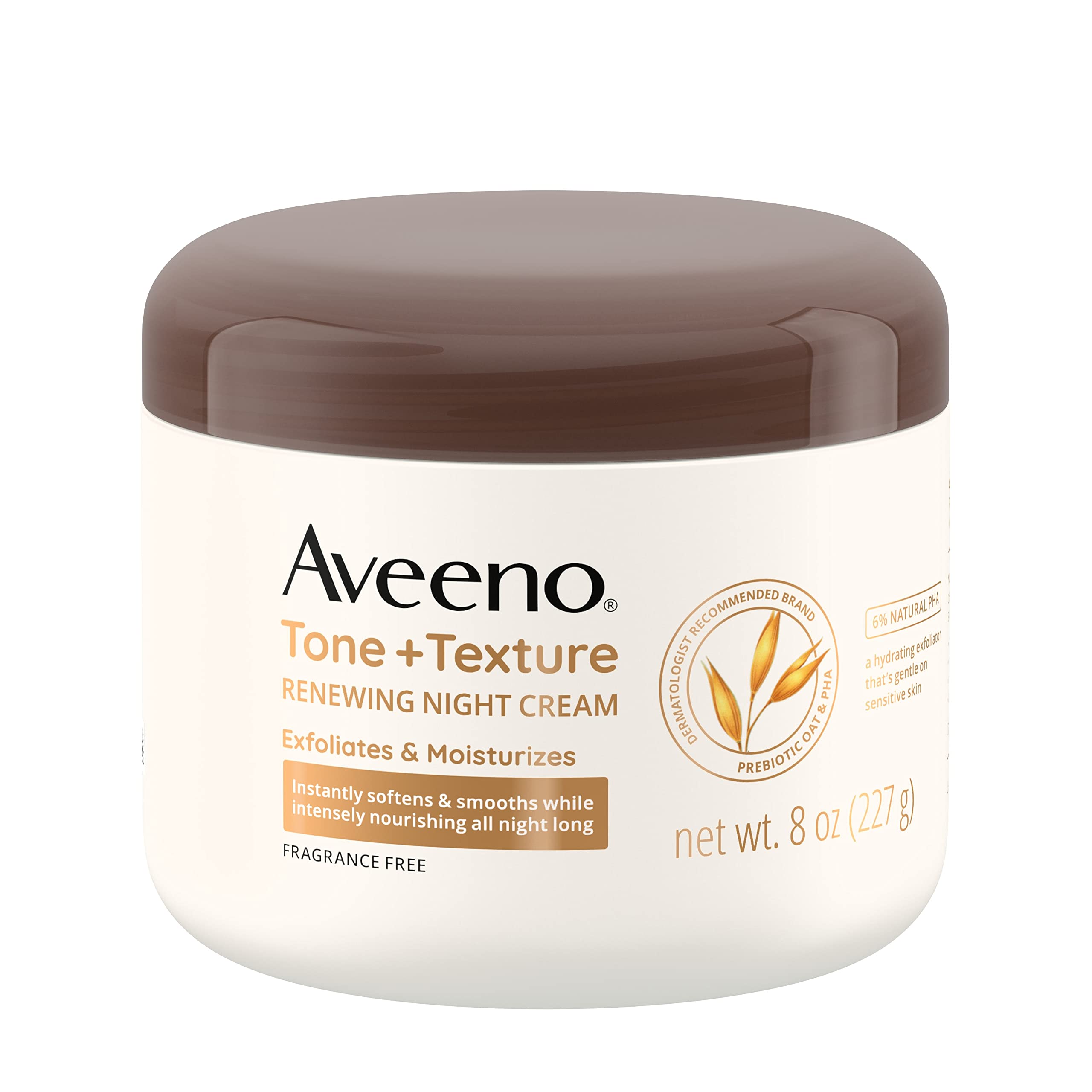 Aveeno crema de noche tono y textura renovadora en botella para exfoliar suavemente y nutrir