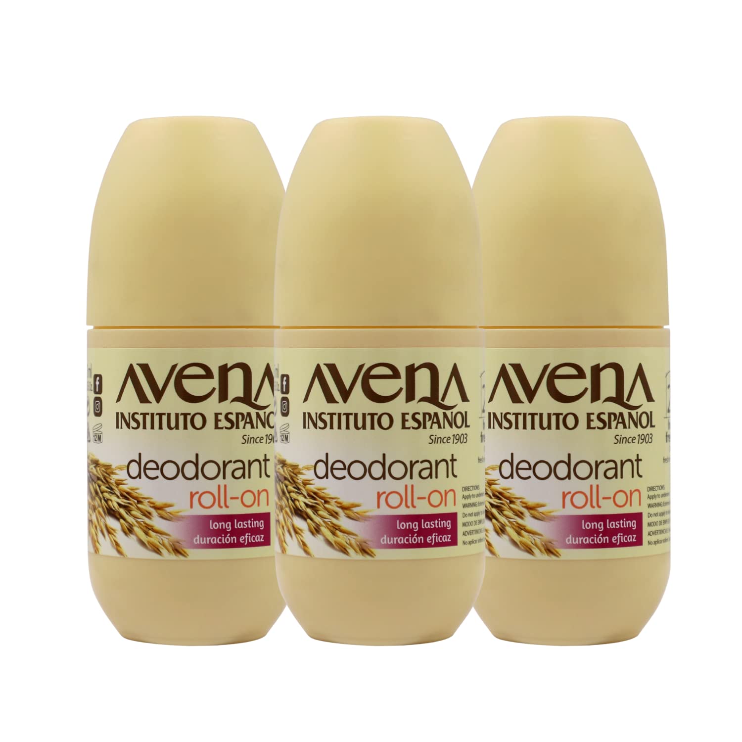 Avena Instituto Español Desodorante Roll-On tres-pack frente, frescura duradera para todo el día