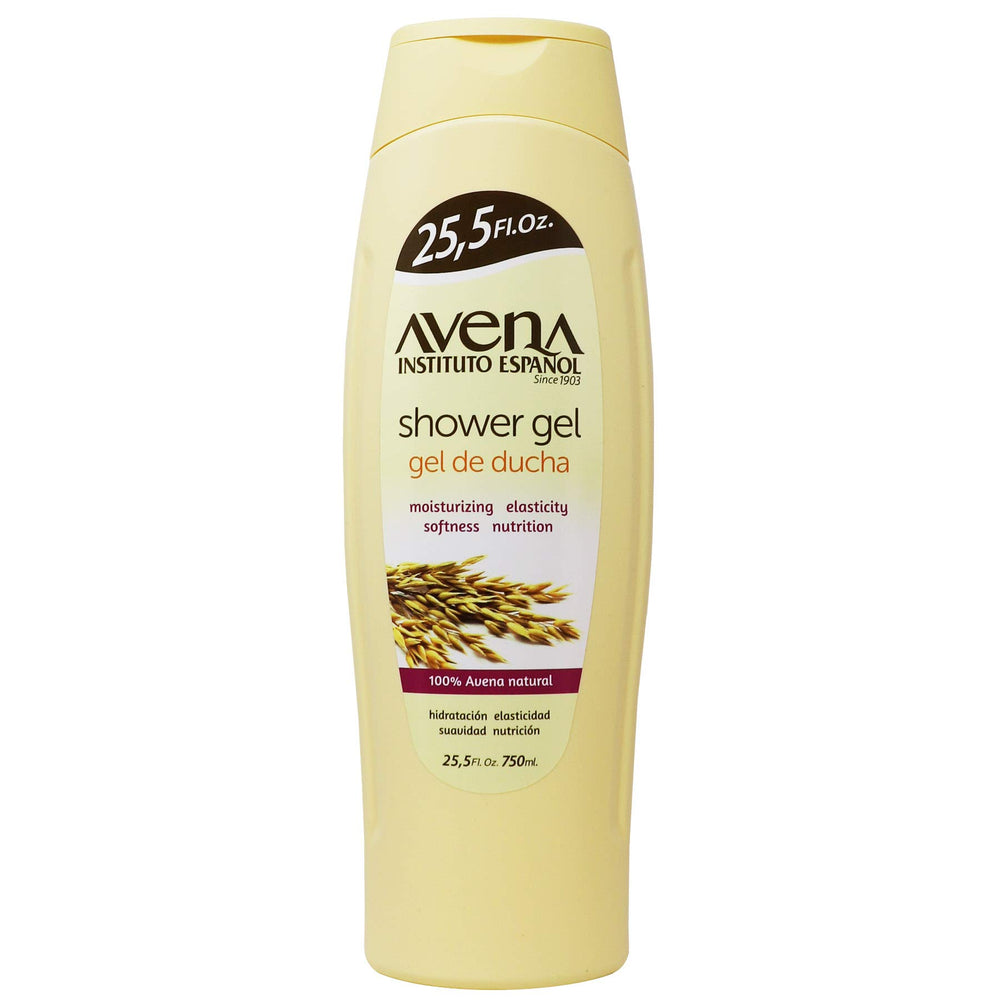 Avena Instituto Espanol Shower Gel label close-up emphasizing 100 percent natural oats.