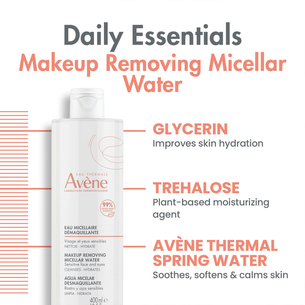 Aplicación de Avène Agua Micelar en el rostro para desmaquillar