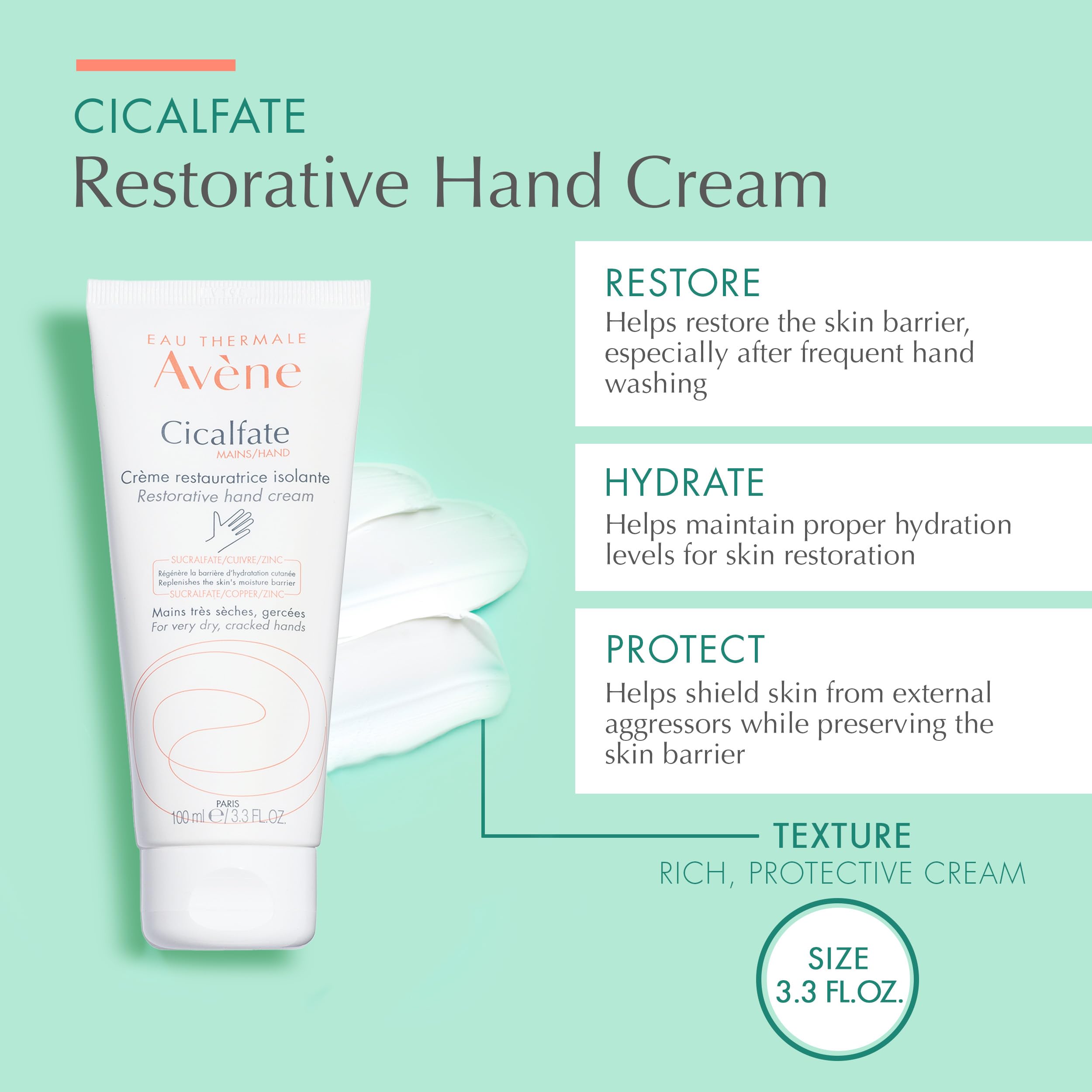 Avène Cicalfate hand cream packaging with a 3.3 oz tube.