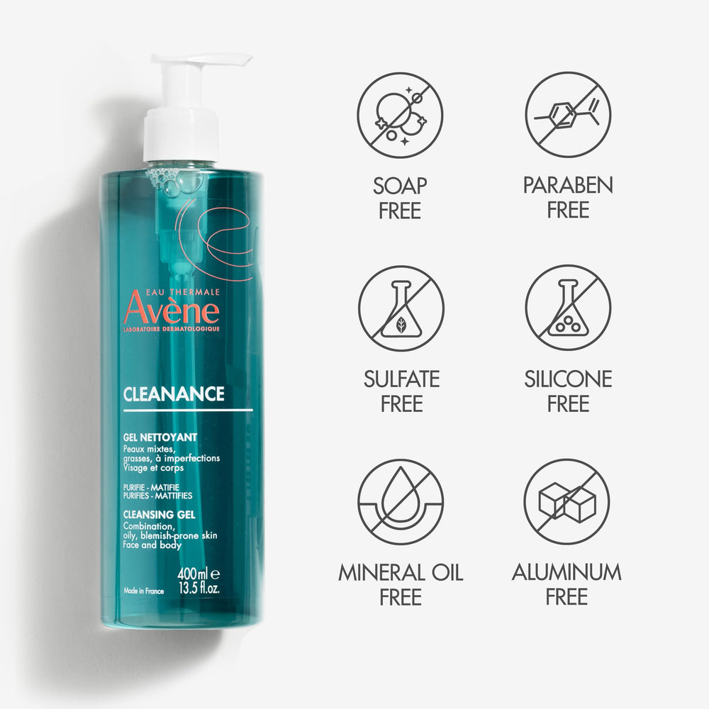 Avène Cleanance Cleansing Gel bottle label; paraben-free and non-comedogenic