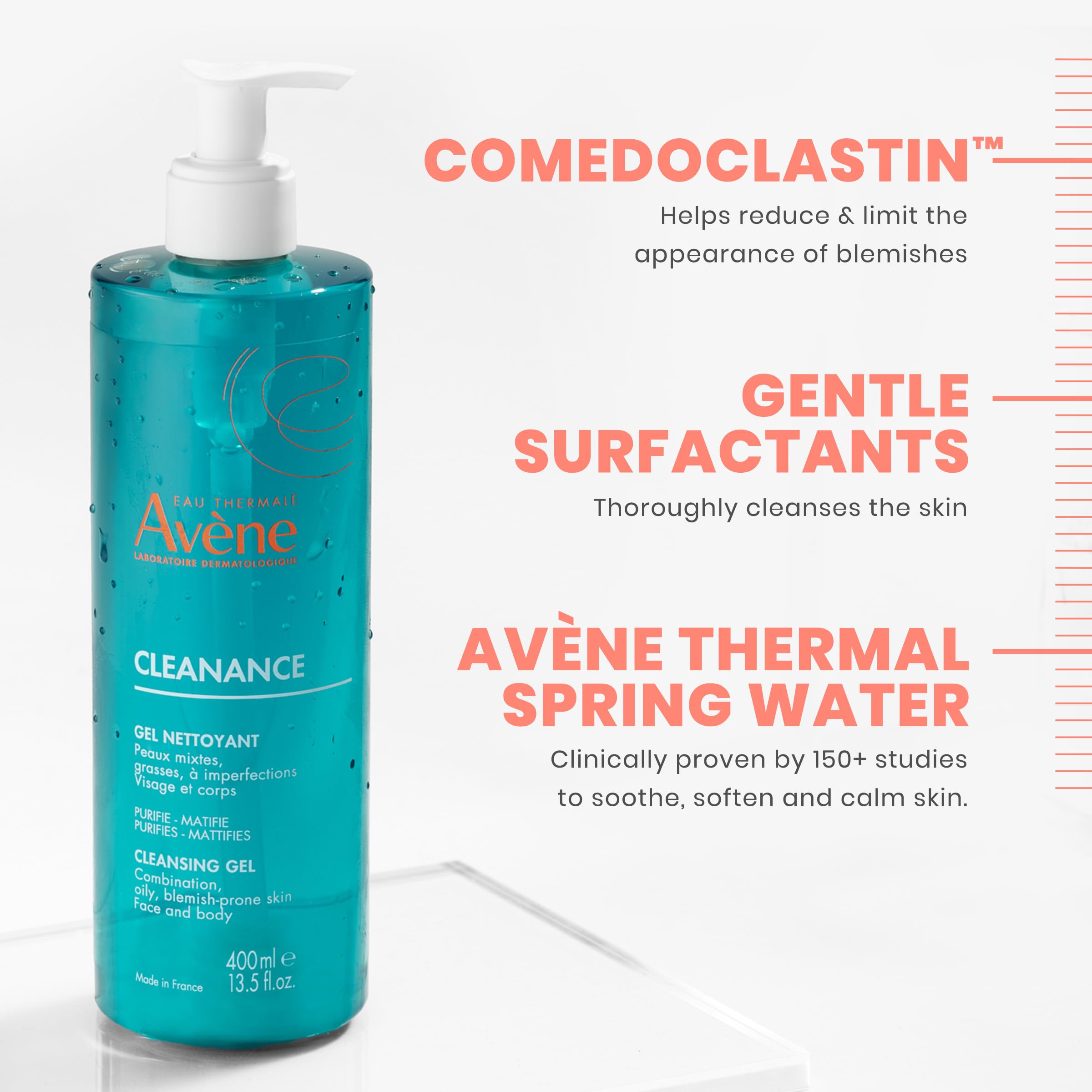 Avène Cleanance Cleansing Gel packaging; biodegradable formula respects skin and environment