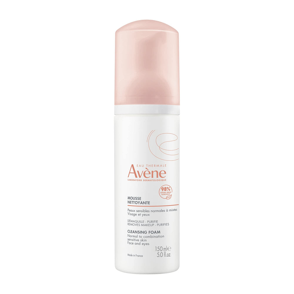 Avène Cleansing Foam face wash bottle pour shows a gentle, soap-free cleanse for sensitive skin.