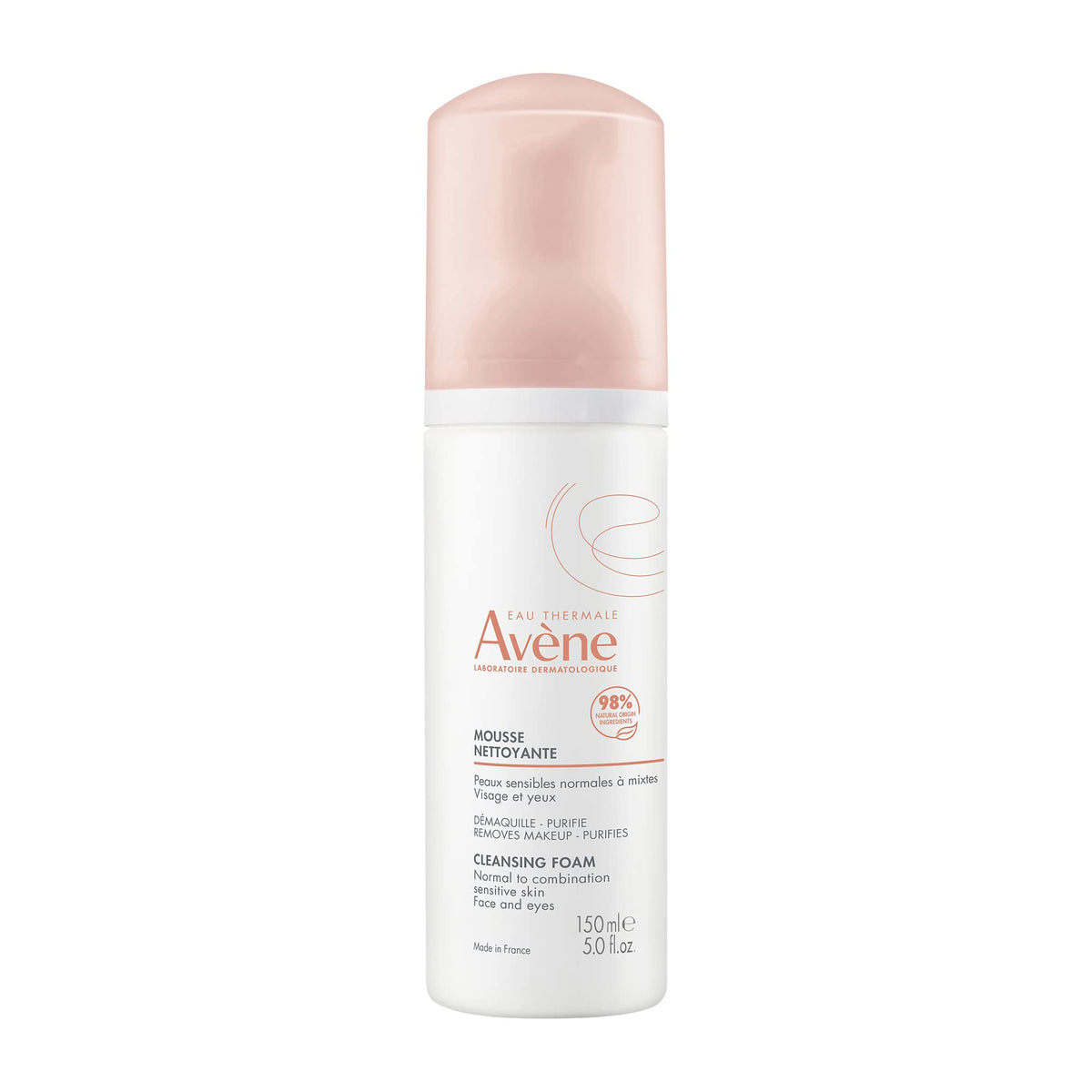 Avène Cleansing Foam face wash bottle pour shows a gentle, soap-free cleanse for sensitive skin.