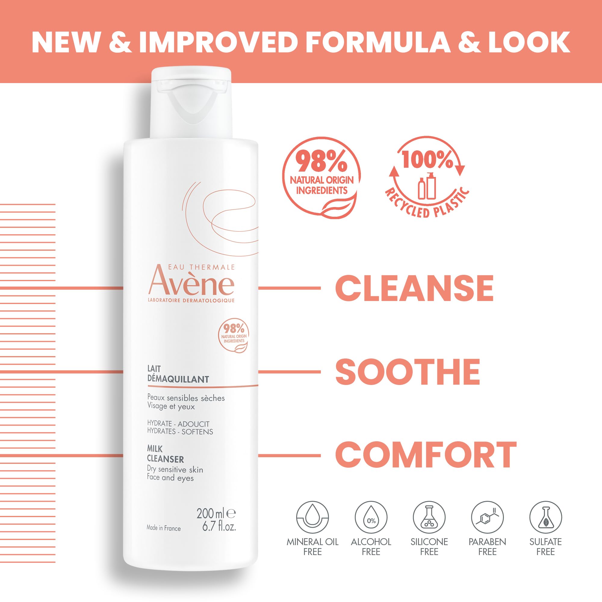 Close-up of Avène Gentle Milk Cleanser bottle shows milky non greasy texture