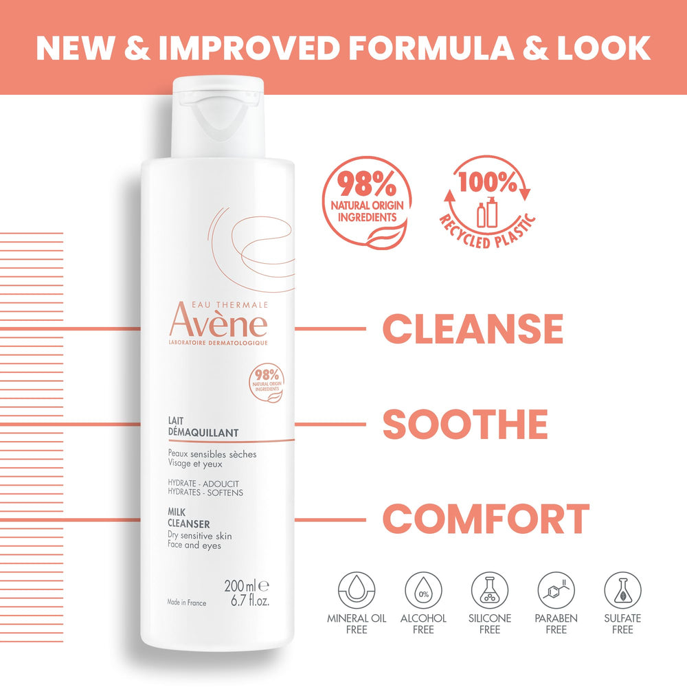 Close-up of Avène Gentle Milk Cleanser bottle shows milky non greasy texture