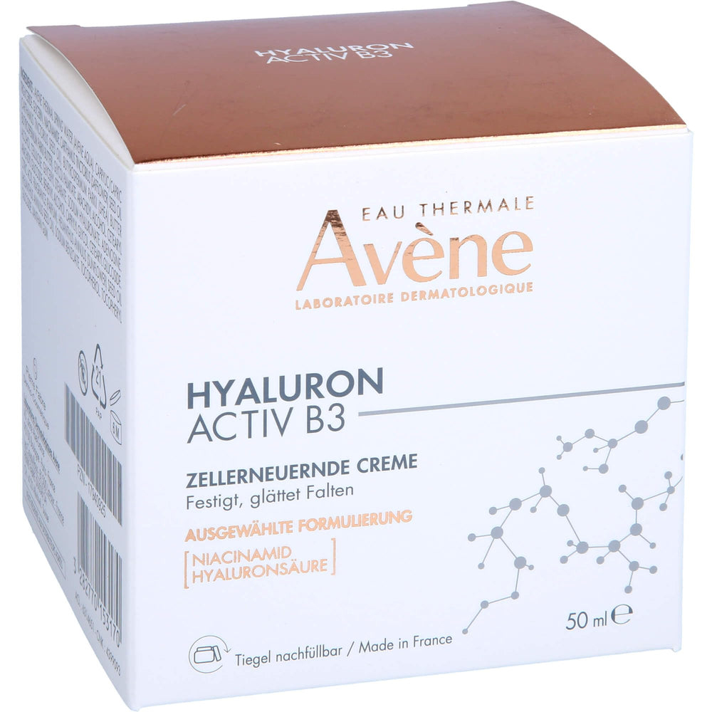 Avène Hyaluron Activ B3 Cream packaging box showcases premium skincare branding.