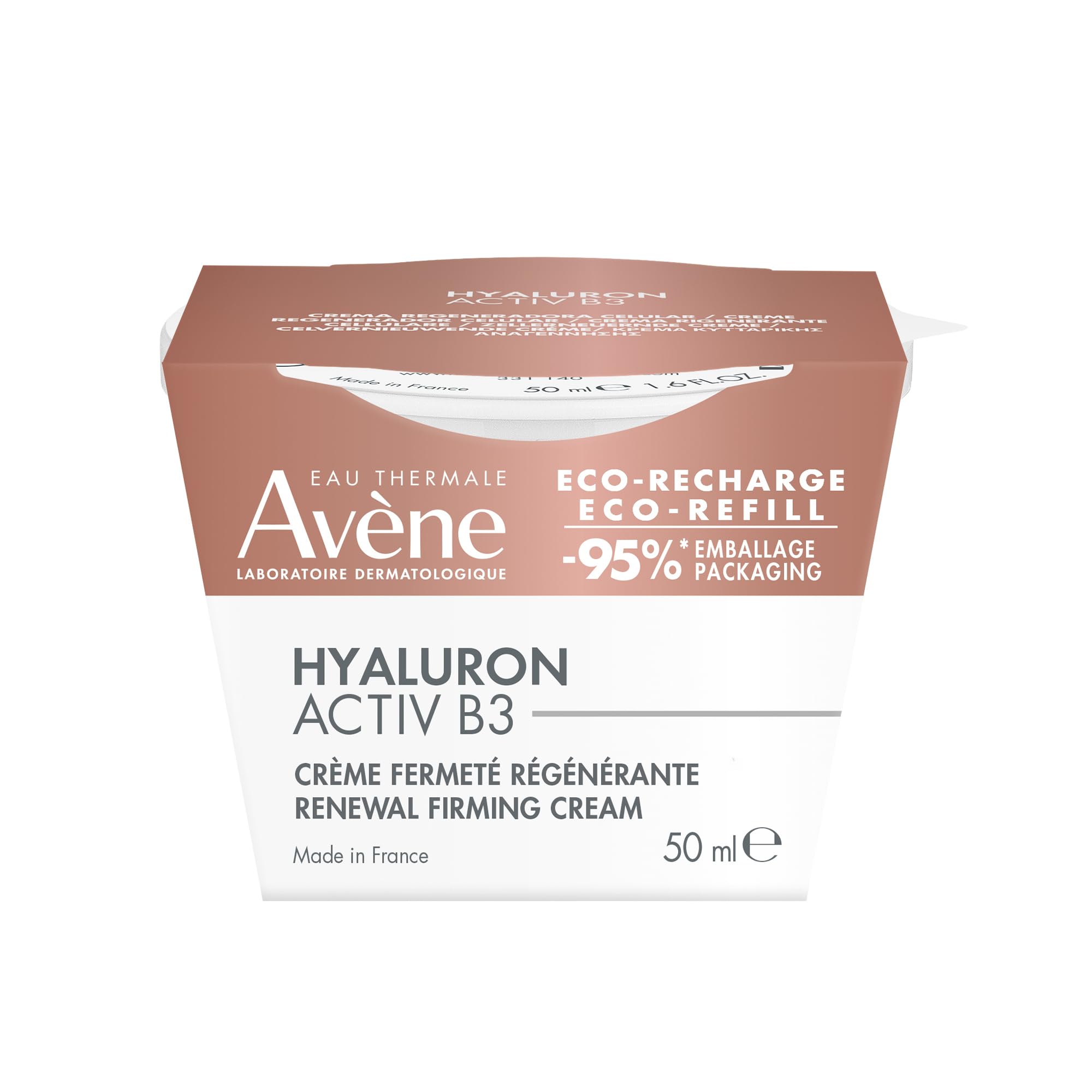 Avène Hyaluron Activ B3 refill pod on counter, eco-friendly packaging reduces waste.