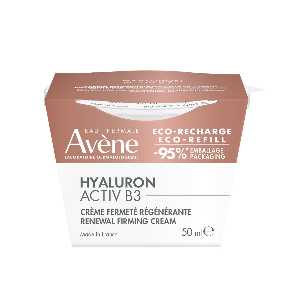 Avène Hyaluron Activ B3 refill pod on counter, eco-friendly packaging reduces waste.
