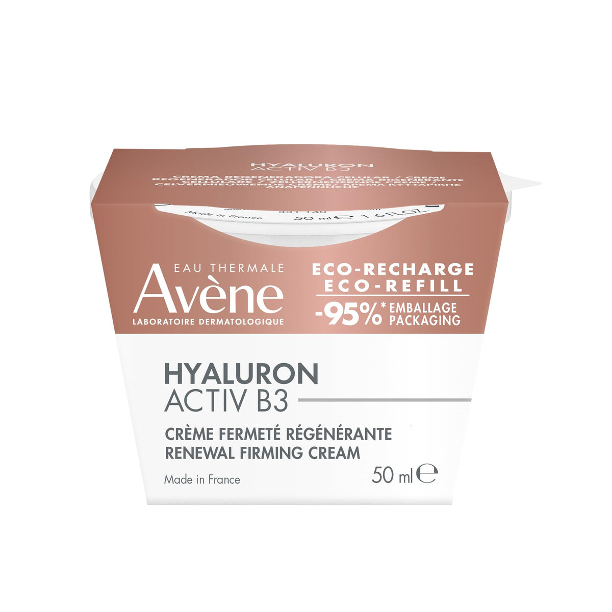 Avène Hyaluron Activ B3 refill pod on counter, eco-friendly packaging reduces waste.
