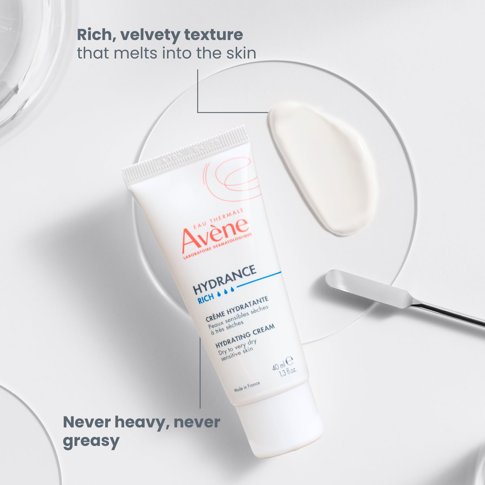 Avène Hydrance Rich Cream ingredient graphic emphasizes hydration support.