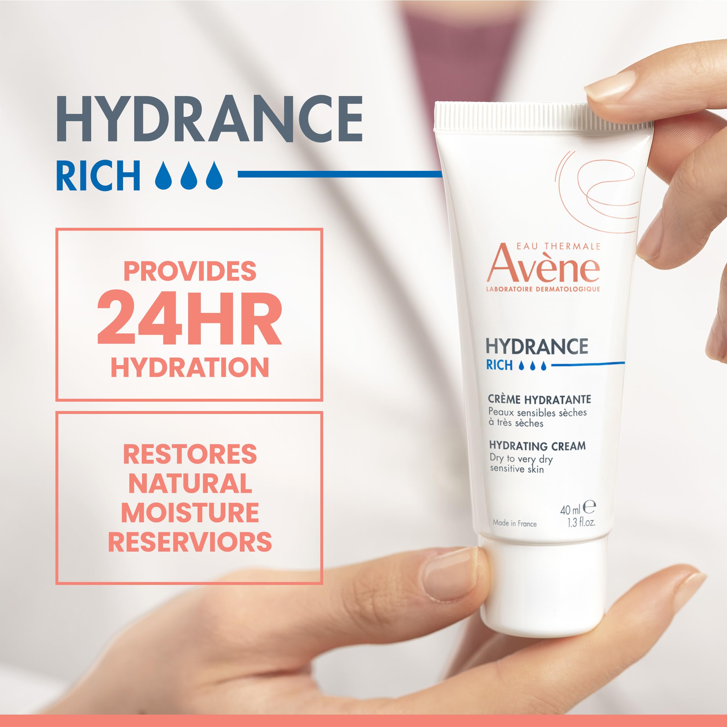 Closeup of Avène Hydrance Rich Cream jar emphasizing its rich texture for lasting moisture.
